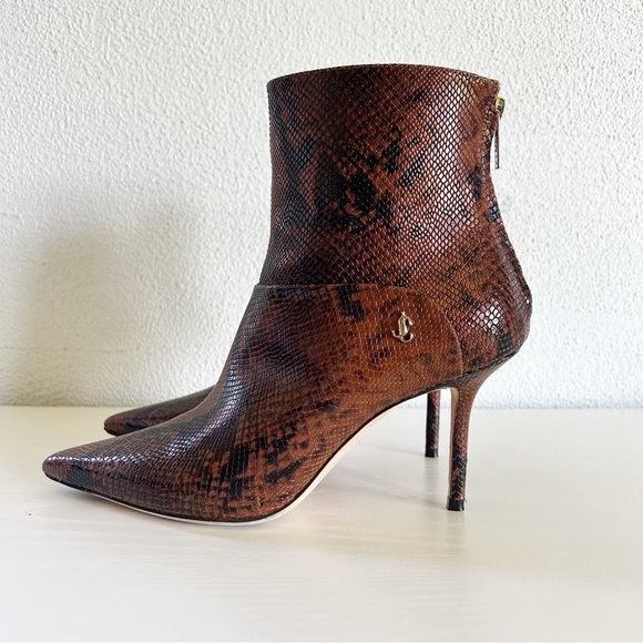 Jimmy Choo Beyla Ankle Boots Brown Snakeskin Embossed Leather Booties EU 37.5 - Picture 1 of 10